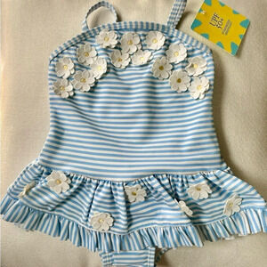 NWT swimsuit Little Me 12 month one piece blue/white stripe w sewn on daisies.